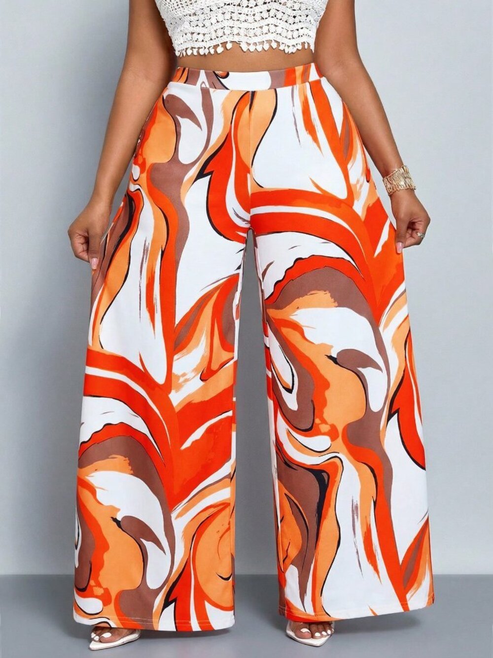 Orange Boho Women's Plus Size Liquid Ripple Art Pattern Wide Leg Pants